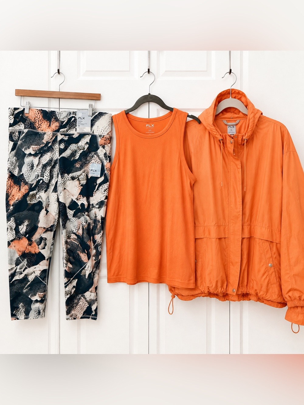 FLX 3-Piece Activewear Set XXL/XL Leggings (NWT), Tank, and Jacket -Orange Print